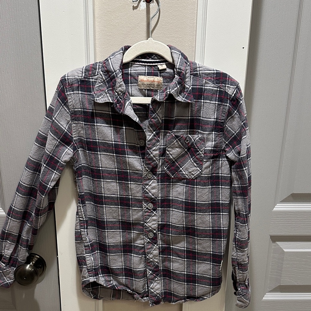 Weatherproof Kids Plaid Flannel Button-Down Shirt - Gray and Burgundy